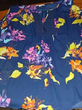DR2 Navy Floral Sleeveless Blouse with Yellow Pink Orange Accents